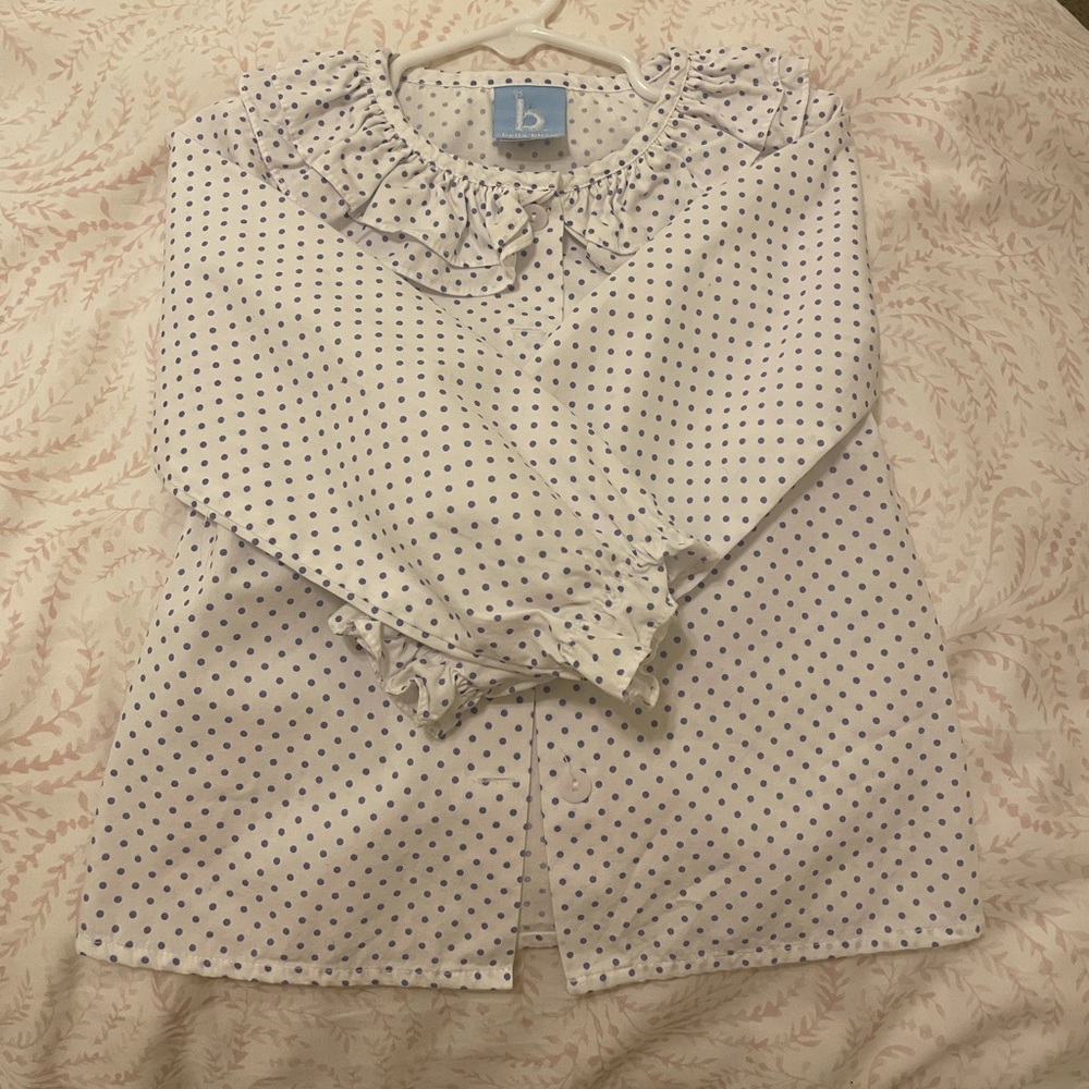 EUC Bella Bliss 3T Blouse (blue and white dots), buttons down front.